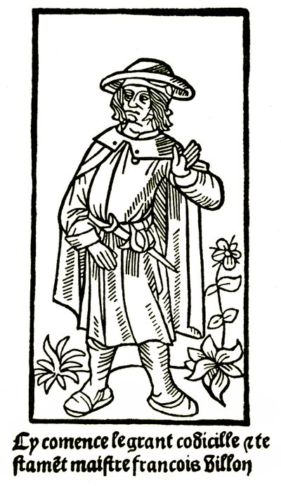 Portrait apocryphe du poète François Villon dans « Le Grand Testament » - « Cy commence le grand codicille & testament maître François Villon » (ici commence le grand codicille et testament) édition P Levet 1489 (gravure sur bois) - French School