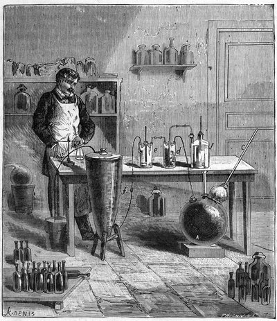 Appareil par Eugène Soubeiran (1797-1858) pour la préparation du bicarbonate de soude - Gravure dans «Sciences à la portée de tous - Physique et chimie populaires» par Alexis Clerc - Fin du 19e siècle - Collection privée - French School