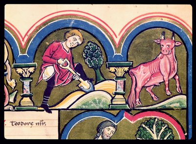 Avril : Un paysan creusant, du Psautier de Sainte Élisabeth - French School