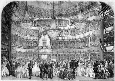 Architecture : vue intérieure du Théâtre Royal (XIXe siècle) à Nice (Alpes-Maritimes, 06), en 1858, lors du bal de charité donné par la Société française d