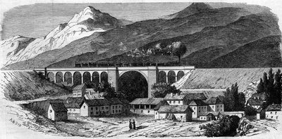 Architecture : vue du viaduc de Bellegarde (Rhône-Alpes) sur la ligne de chemin de fer reliant Lyon à Genève. 1858. Gravure dans « Le Monde Illustré » n°49 du 20 mars 1858. - French School