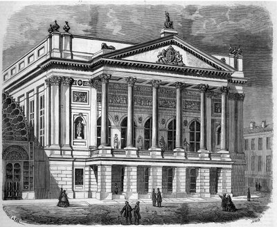 Architecture : vue de la façade du Théâtre Italien à Londres (Angleterre) en 1858. Gravure dans "Le Monde Illustré" n°38 du 2 janvier - French School
