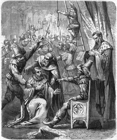 Arrestation de Brisson et Larcher, deux ligueurs violents de la guerre civile au XVIe siècle. Dans "Histoire Populaire de la France", vers 1885. Gravure. - French School