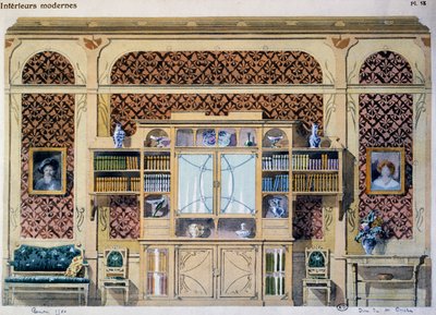 Bibliothèque de style Art nouveau, illustration du magazine Intérieurs Modernes - French School