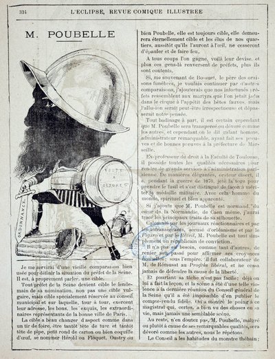 Article et caricature sur Eugène Poubelle (1831-1907), préfet de la Seine et inventeur des poubelles en 1884. 10/04/1885. Paris, préfecture de police - French School