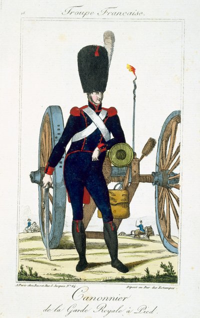 Artilleur de la Garde Royale avec un canon, de Troupes Françaises, pub. chez Basset, Paris, vers 1790 - French School