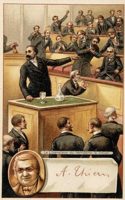 Assemblée acclamant Thiers, « libérateur du territoire » et portrait en médaillon - chromo., fin du XIXe siècle - French School