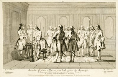Assemblée de Francs-Maçons pour initier un apprenti, tiré de Les Cérémonies de la Religion et de la Coutume, c.1733 - French School