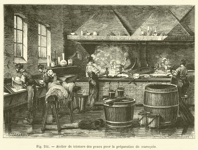 Atelier de teinture des peaux pour la preparation du maroquin - French School