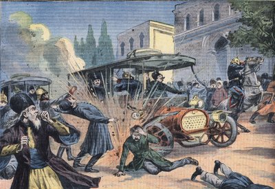 Attaque contre le Shah de Perse Mohammad Ali Shah Qajar (1872-1925). Gravure du journal "Le Petit Parisien" - French School