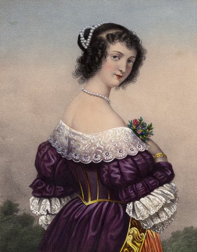 Jeune fille attirante en robe violette avec garnitures en dentelle - French School