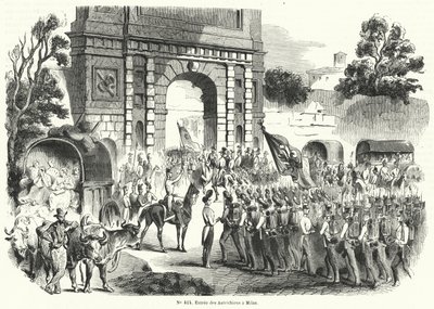 Troupes autrichiennes entrant à Milan, Italie, 6 août 1848 (gravure) - French School