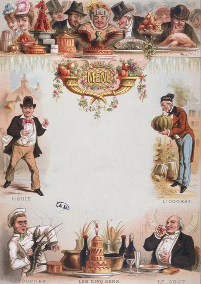 Impression de fond pour un menu représentant les cinq sens, fin du 19ème siècle - French School