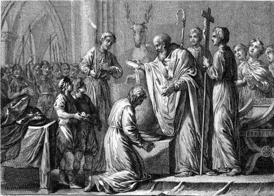 Baptême de Clovis Ier, 25 décembre 496 : le roi des Francs (466-511) est baptisé par Saint Rémi (437-533), évêque de Reims, dans l