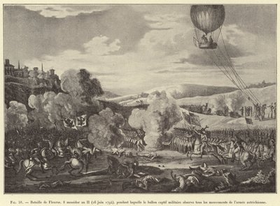 Bataille de Fleurus, 8 messidor an II (26 juin 1794), pendant laquelle le ballon captif militaire observe tous les mouvements de l