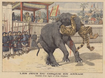 Combat entre un éléphant et un tigre dans un cirque en Annam, Indochine (lithographie couleur) - French School