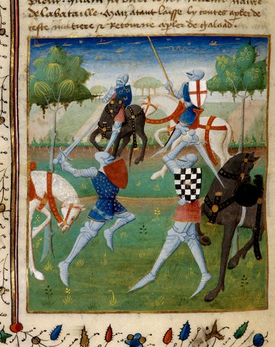 Bataille entre le chevalier Palamède et Artus (ou Arthur) le petit. Miniature tirée du manuscrit « Le roman de Tristan » dirigé par le Maître Charles du Maine - French School
