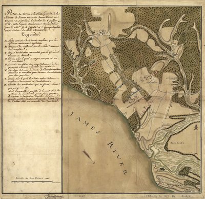 Bataille de Green Spring, carte des terres sur la rive gauche de la James River en face de Jamestown en Virginie où la bataille du 6 juillet a eu lieu - French School