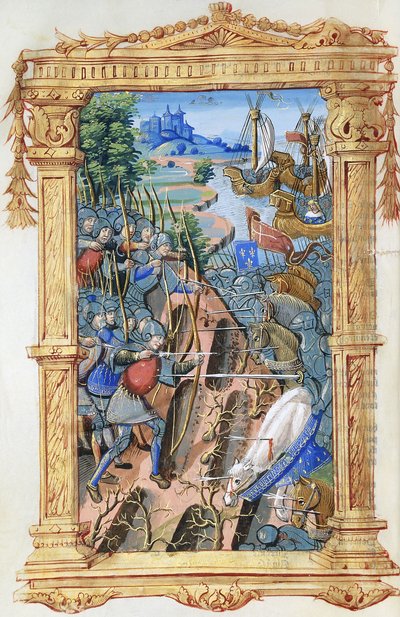 Scène de bataille entre archers et cavalerie, avec château et navires, vers 1495-1500 - French School