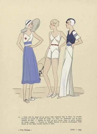 Vêtements de plage de Tres Parisien, juin 1933 (imprimé pochoir) - French School