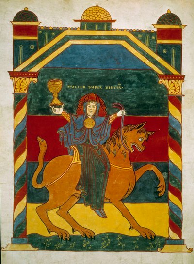 Bête et femme, assise sur elle, prostituée riche. Miniature tirée des commentaires de « L