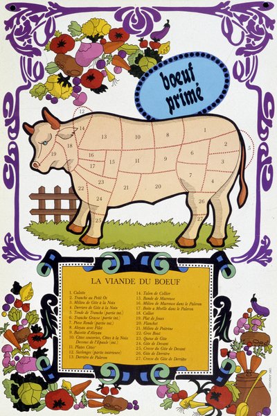 Viande de bœuf et ses morceaux - Affiche de boucherie, XXe siècle - French School