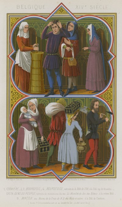 Représentations belges du 14e siècle de travailleurs agricoles, bourgeois, gens du commun et un maçon - French School