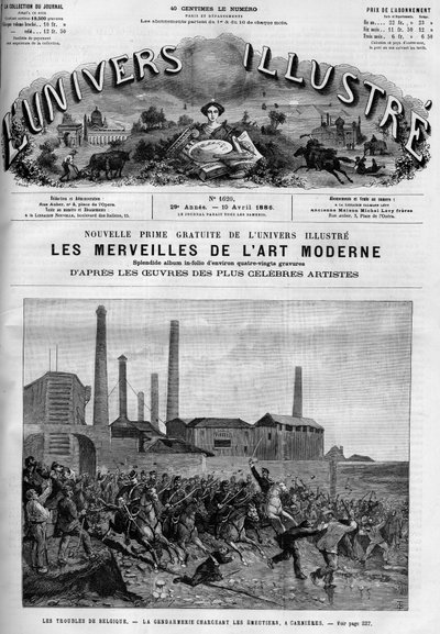 Grève des ouvriers belges : la police charge les cavaliers à Carnieres. Un journal. Gravure dans "Le Monde Illustré" - French School