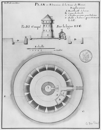 Belle-Île-en-Mer, plan et élévation de la tour de Houat, 1745 - French School