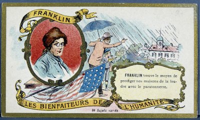 Benjamin Franklin, homme politique et physicien américain (1706-1790) et le paratonnerre - chromo., début 20ème siècle - French School