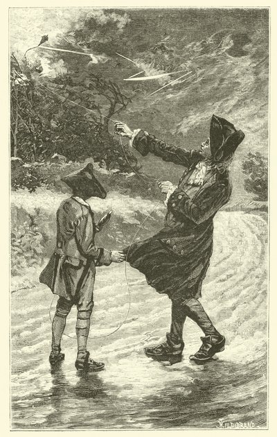 Benjamin Franklin faisant voler son cerf-volant - French School