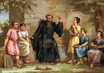 Benoît de Nursie, ou Saint Benoît (480-547) enseignant sa règle aux enfants des nobles romains. Chromolithographie de la fin du 19ème siècle - French School