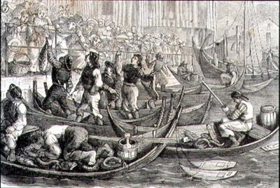 Marché aux poissons de Bergen dans les années 1860 - French School
