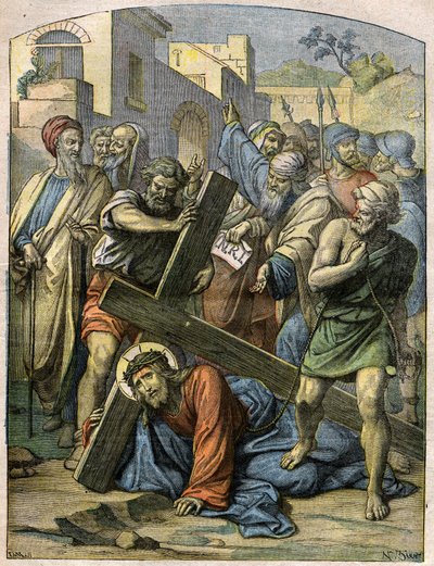 Scène biblique - Chemin de croix : Jésus tombe une deuxième fois. Gravure dans « Le Pèlerin » du 29 novembre - French School