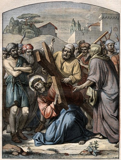 Scène biblique - Chemin de croix : Jésus aidé par Simon de Cyrène. Gravure dans "Le Pèlerin" du 13 septembre 1896 - French School