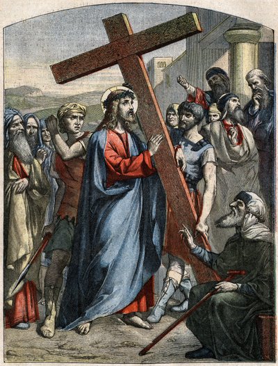 Scène biblique - Chemin de croix : Jésus porte la croix. Gravure dans "Le Pèlerin" du 3 mai - French School
