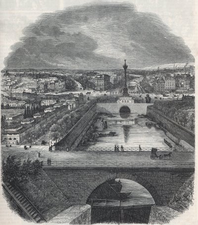Vue aérienne du Canal Saint-Martin, de la Place et du quartier de la Bastille, prise de la rive droite de la Seine - Gravure dans « Tableau-de-Paris » par Edmond Texier 1852 - French School