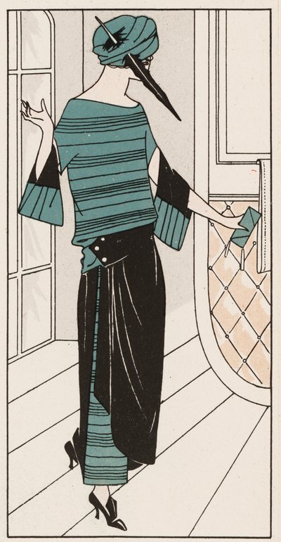 Robe en crêpe de Chine noir et turquoise des années 1920 (lithographie couleur) - French School