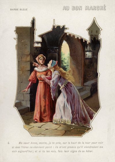 La femme de Barbe-Bleue dit à sa sœur, Anne, de monter dans la tour du château et de guetter ses frères (chromolithographie) - French School