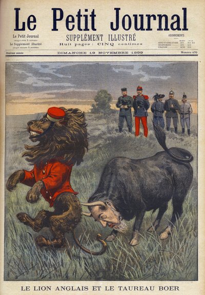Guerre des Boers - Le lion anglais et le taureau boer - Le taureau afrikaner, avec la tête de Paul Kruger, attaque le lion britannique. Caricature anglaise d