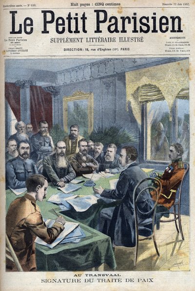 Guerre des Boers. La signature du traité de paix du Transvaal entre les chefs boers et le général britannique Horatio Herbert Kitchener (1850-1916) à Pretoria, Afrique du Sud. Gravure dans "Le Petit Parisien" - French School