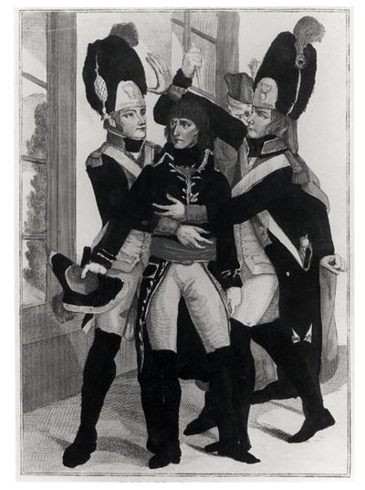 Bonaparte (1769-1821) protégé par deux grenadiers pendant la séance à Saint-Cloud, 19 brumaire an 8 (10 novembre 1799), vers 1800 - French School