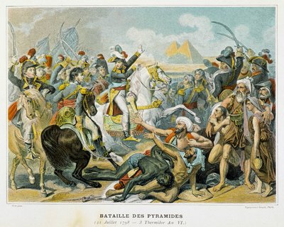 Bonaparte (centre) et ses troupes lors de la bataille des Pyramides le 21 juillet 1798. - French School