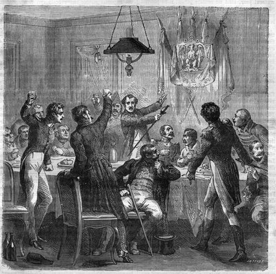 Banquet bonapartiste sous la Restauration entre la chute du Premier Empire le 6 avril 1814 et la révolution des Trois Glorieuses le 29 juillet 1830. Gravure dans « Histoire des Papes-Rois-Reines et Empereurs à travers les siècles » par Maurice Lachatre - French School
