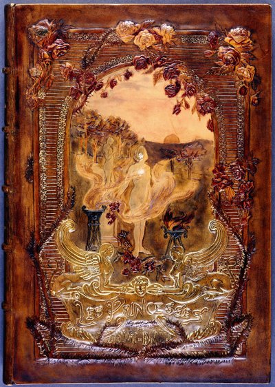 Couverture de livre, montrant une femme nue jetant des roses dans un paysage, 1904 - French School