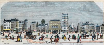 Boulevard Beaumarchais côté sud - Café Gibe - Hôtel de Ninon de Laclos - Théâtre Beaumarchais - Rue pas de la mule - Gravure dans « Tableau-de-Paris » par Edmond Texier 1852 - French School
