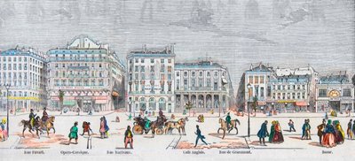 Boulevard des Italiens côté sud - Rue Favart - Opéra comique - Rue Marivaux - Café Anglais - Rue Grammont - Bazar - Gravure dans «Tableau-de-Paris» par Edmond Texier 1852 - French School