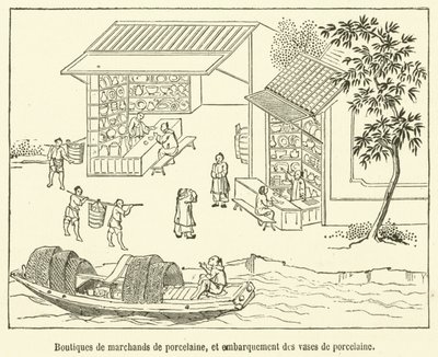 Boutiques de marchands de porcelaine, et embarquement des vases de porcelaine - French School