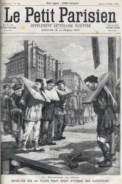 Révolte des Boxers en Chine en 1898 : Révoltés mis au pilori pour avoir attaqué des Européens. Couverture de "Le petit Parisien" de 1898. - French School