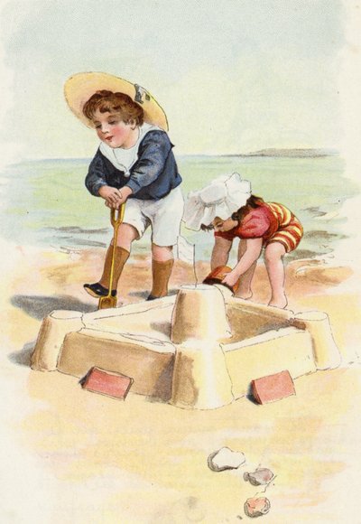 Garçon et fille construisant des châteaux de sable - French School